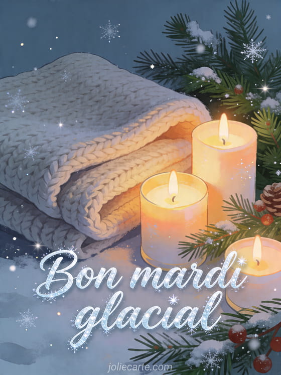 Illustration d'une couverture en laine près de bougies d'hiver et verdure festive avec le texte Bon mardi glacial