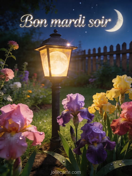 Photo réaliste d'une lanterne lunaire éclairant un jardin du soir fleuri avec le texte Bon mardi soir