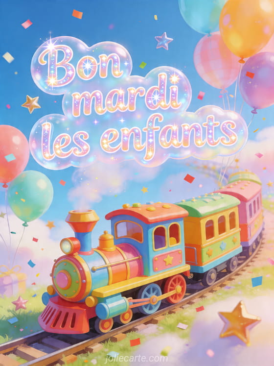 Illustration d'un train jouet entouré de ballons, étoiles et confettis avec le texte Bon mardi les enfants