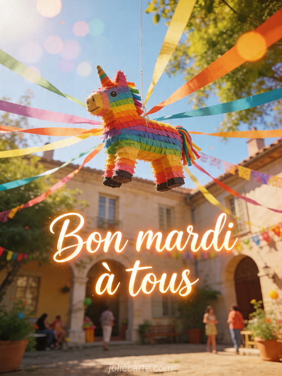 Photo réaliste d'une pinata arc-en-ciel dans une cour festive avec serpentins et le texte Bon mardi à tous