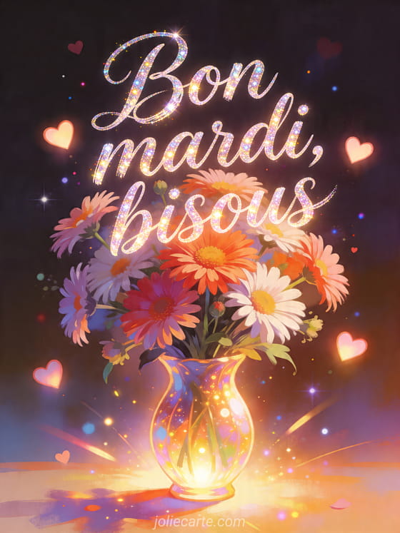 Illustration d'un bouquet d'asters dans un vase lumineux avec cœurs flottants et le texte Bon mardi bisous
