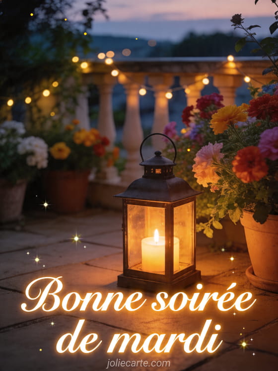 Photo réaliste d'une lanterne-bougie sur un patio du soir avec fleurs colorées et le texte Bonne soirée de mardi