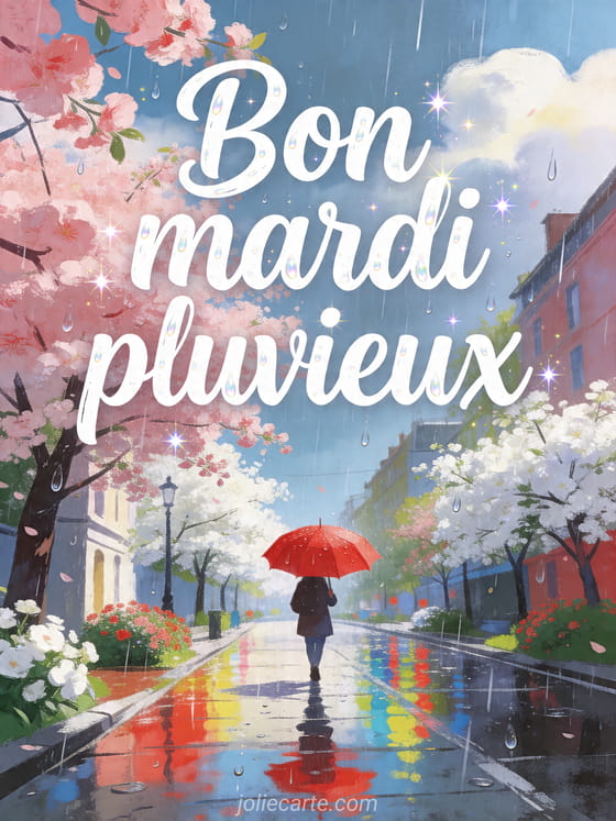 Illustration d'un parapluie rouge sur une avenue pluvieuse avec reflets colorés et le texte Bon mardi pluvieux