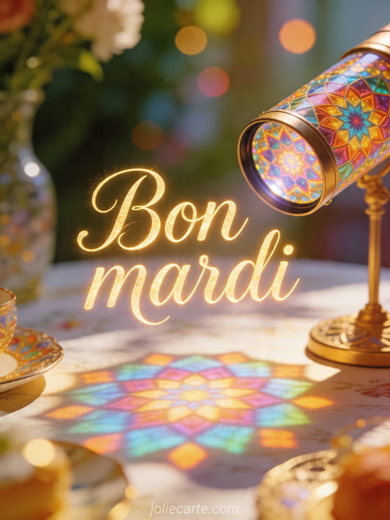 Photo réaliste d'un kaléidoscope projetant des motifs colorés sur une table ensoleillée avec le texte Bon mardi