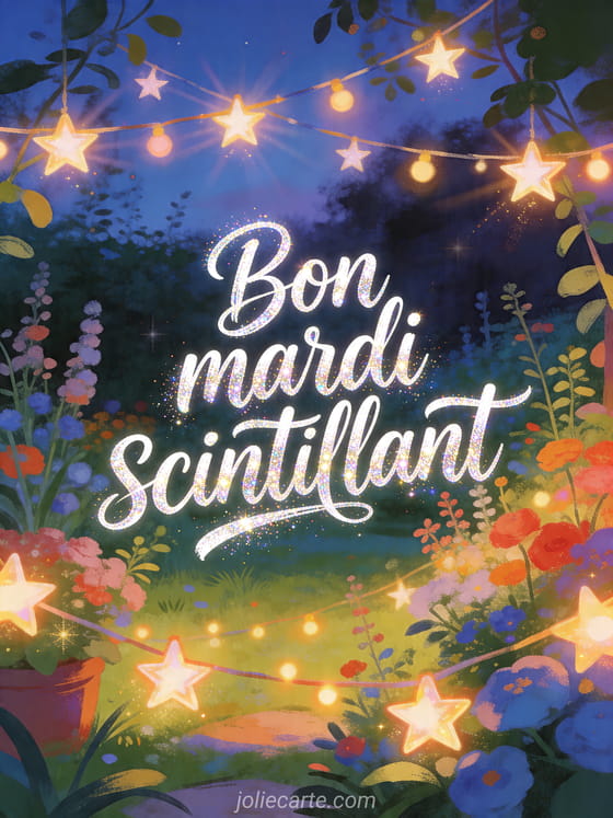 Illustration d'une guirlande d'étoiles lumineuses dans un jardin au crépuscule avec le texte Bon mardi scintillant