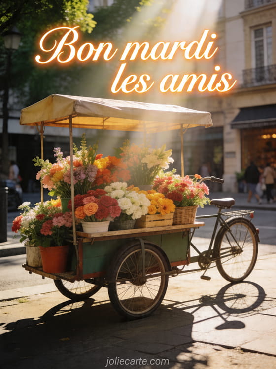 Texte "Bon mardi les amis" avec un décor fleuri.