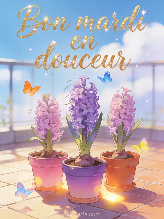 Texte "Bon mardi en douceur" avec des papillons dans une ambiance lumineuse.