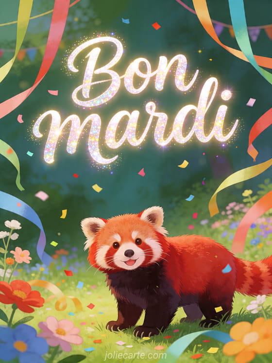 Texte "Bon mardi" avec un panda roux dans une ambiance festive.