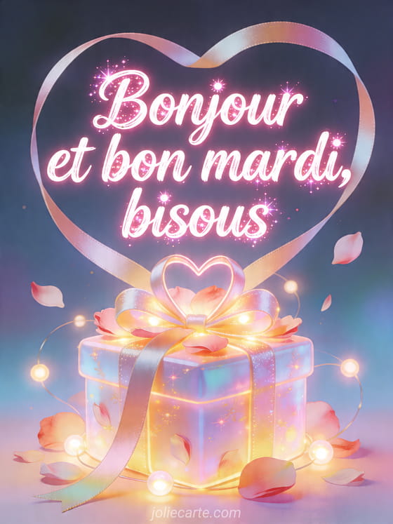 Texte "Bonjour et bon mardi, bisous" avec un décor festif.