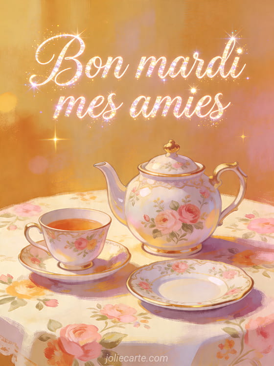 Texte "Bon mardi mes amies" avec une scène de petit-déjeuner.
