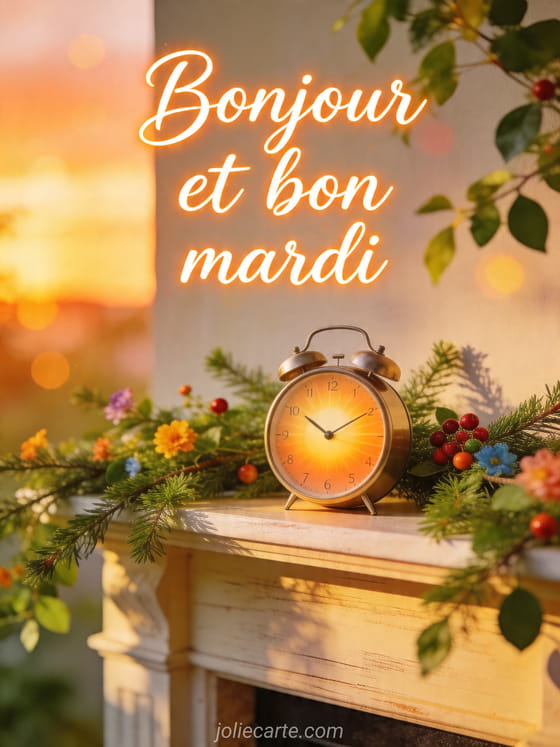 Texte "Bonjour et bon mardi" avec une ambiance lumineuse.
