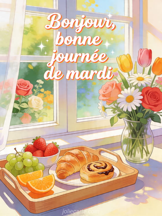 Texte "Bonjour, bonne journée de mardi" avec une scène de petit-déjeuner.