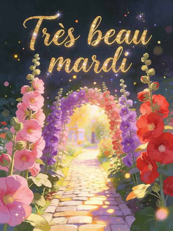 Texte "Très beau mardi" avec un décor fleuri.