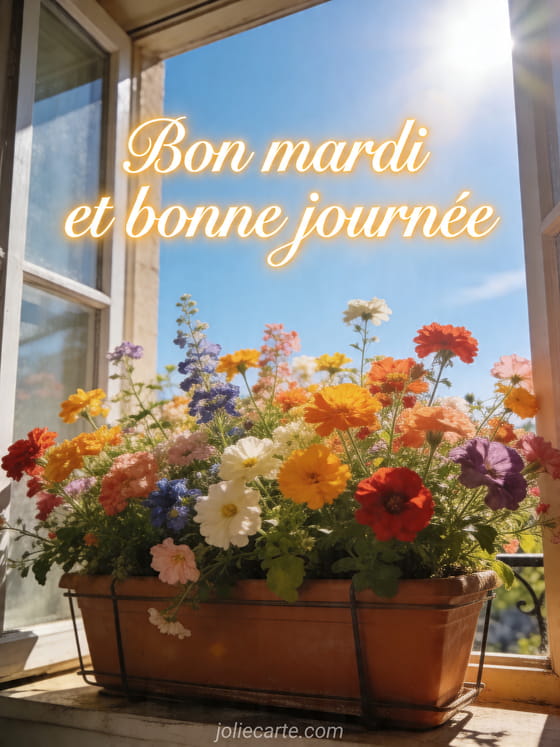 Texte "Bon mardi et bonne journée" avec un décor fleuri.