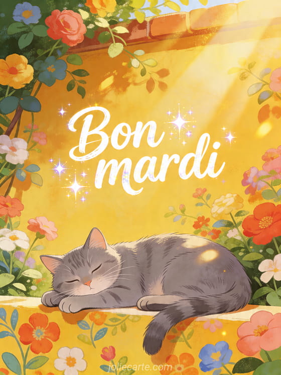 Texte "Bon mardi" avec un chat dans une ambiance chaleureuse.