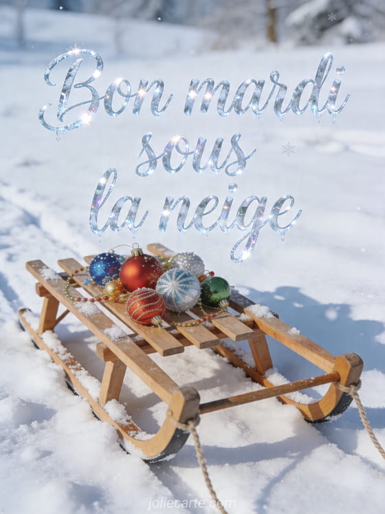 Texte "Bon mardi sous la neige" avec une scène hivernale.