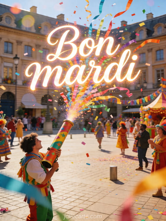 Texte "Bon mardi" avec un paysage d'eau.