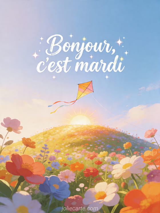 Texte "Bonjour, c'est mardi" avec un décor fleuri.