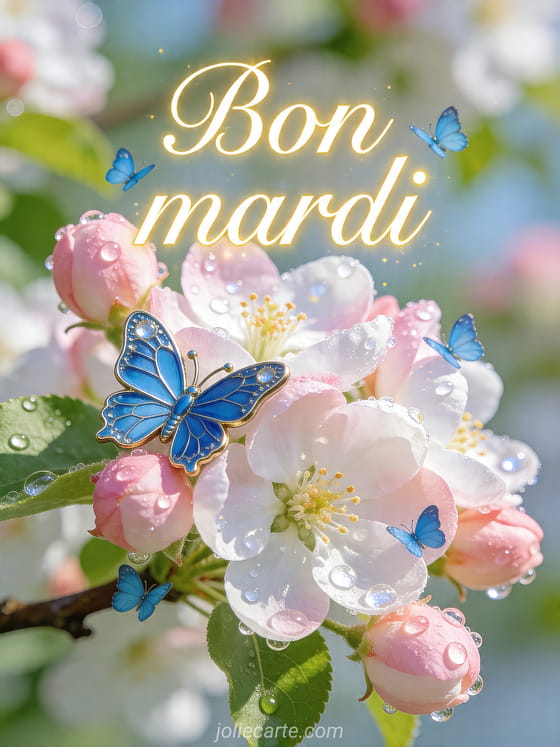 Texte "Bon mardi" avec des papillons dans une ambiance lumineuse.