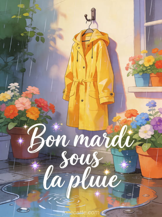 Texte "Bon mardi sous la pluie" avec une scène sous la pluie.