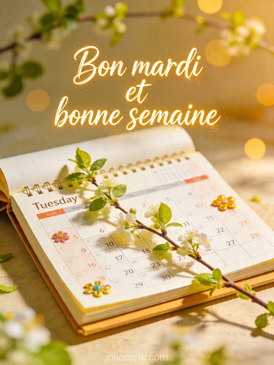 Texte "Bon mardi et bonne semaine" avec une ambiance lumineuse.