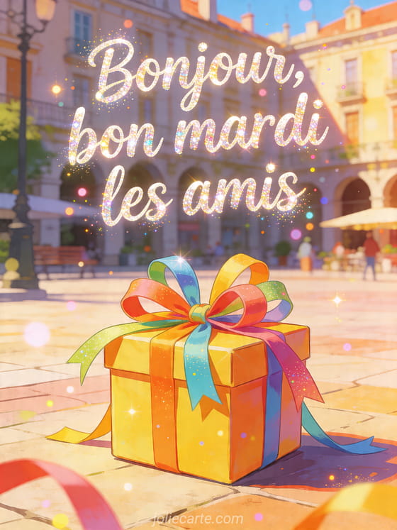 Texte "Bonjour, bon mardi les amis" avec un décor festif.