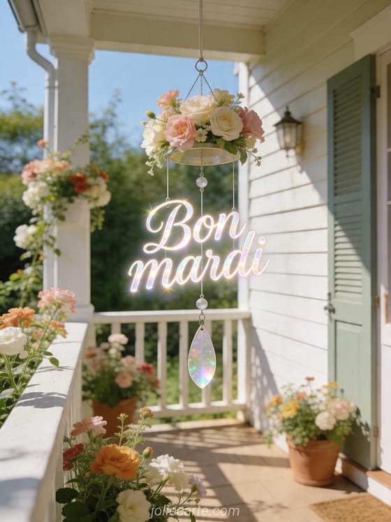 Texte "Bon mardi" avec un décor fleuri.