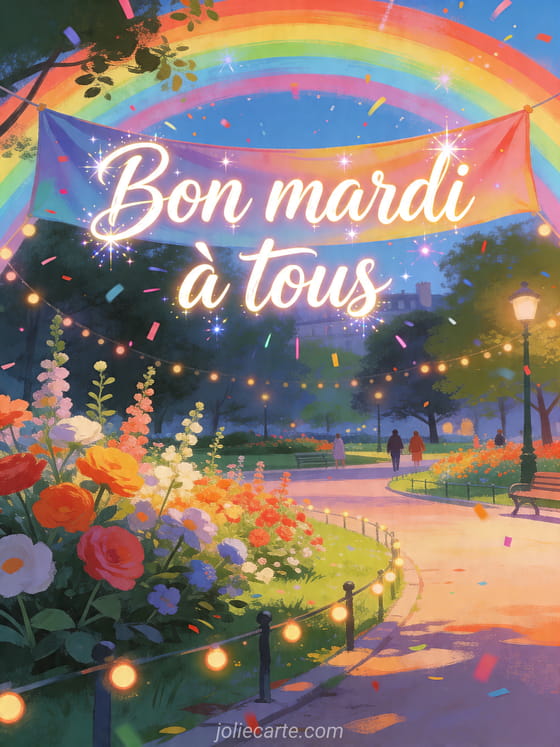 Texte "Bon mardi à tous" avec une scène sous la pluie.