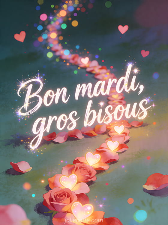 Texte "Bon mardi, gros bisous" avec un décor festif.