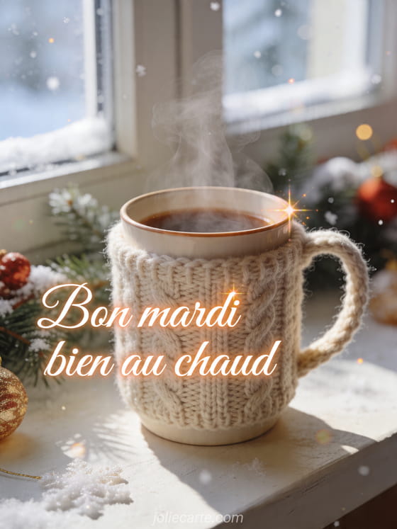 Texte "Bon mardi bien au chaud" avec une scène de petit-déjeuner.