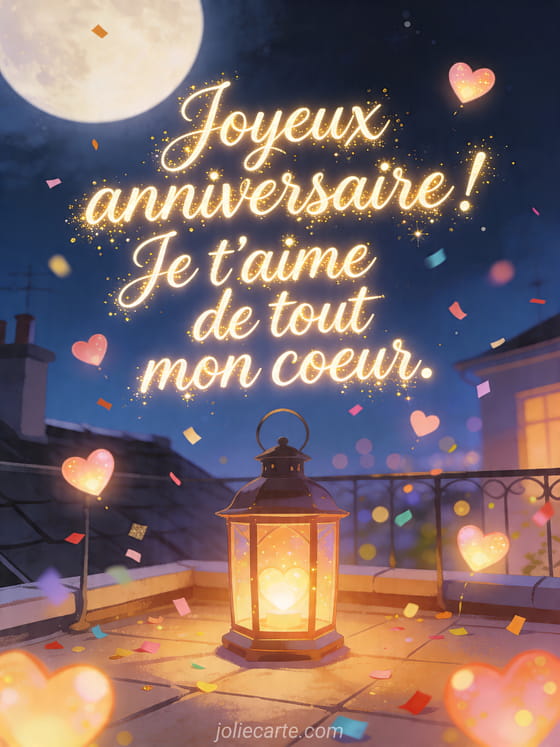 Visuel romantique d'anniversaire avec lumière douce, décor de fête et message d'amour.