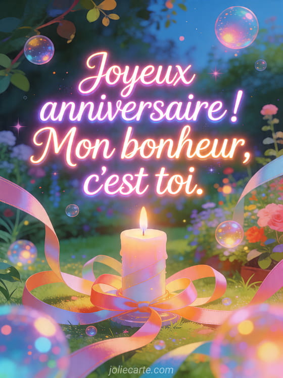 Visuel romantique d'anniversaire avec lumière douce, décor de fête et message d'amour.