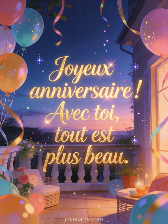 Visuel romantique d'anniversaire avec lumière douce, décor de fête et message d'amour.