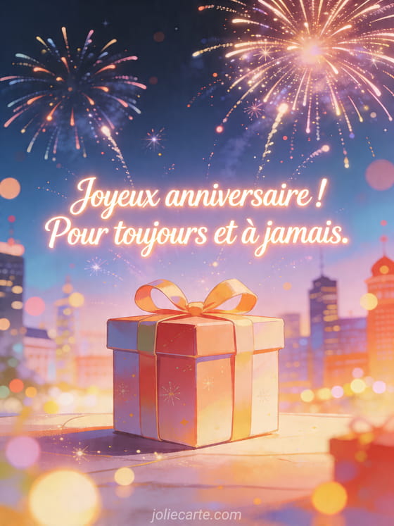 Visuel romantique d'anniversaire avec lumière douce, décor de fête et message d'amour.
