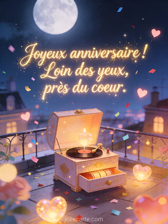 Visuel romantique d'anniversaire avec lumière douce, décor de fête et message d'amour.