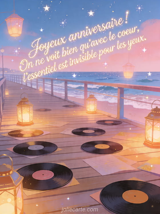 Visuel romantique d'anniversaire avec lumière douce, décor de fête et message d'amour.