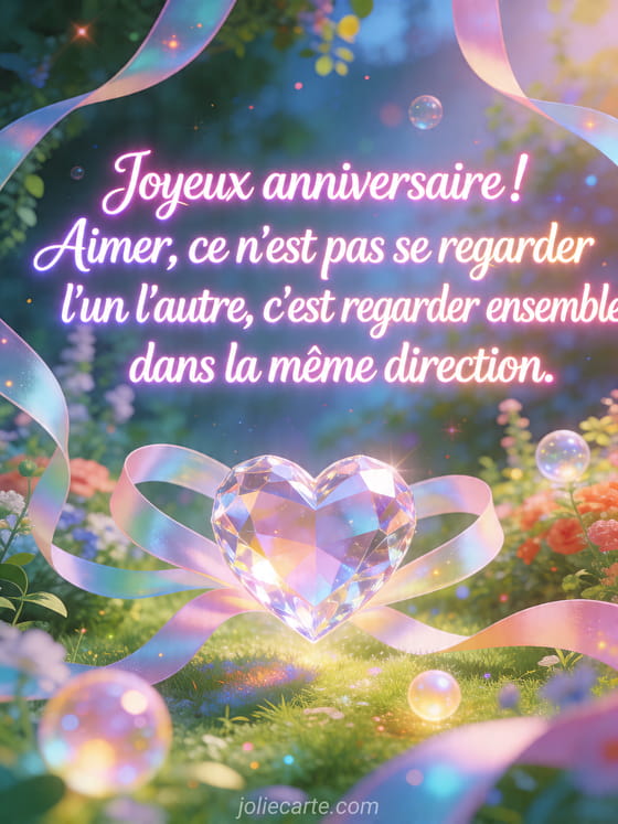 Visuel romantique d'anniversaire avec lumière douce, décor de fête et message d'amour.