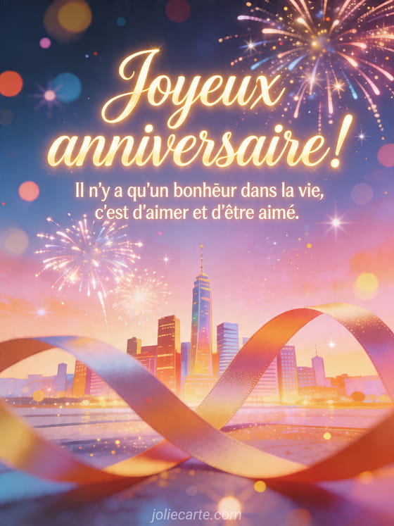 Visuel romantique d'anniversaire avec lumière douce, décor de fête et message d'amour.