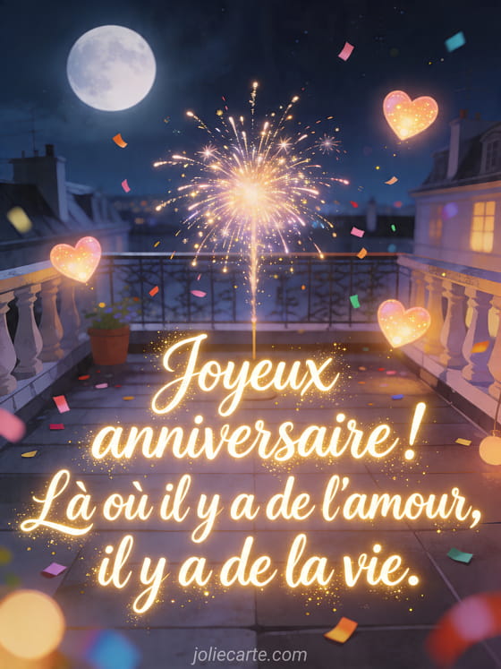 Visuel romantique d'anniversaire avec lumière douce, décor de fête et message d'amour.