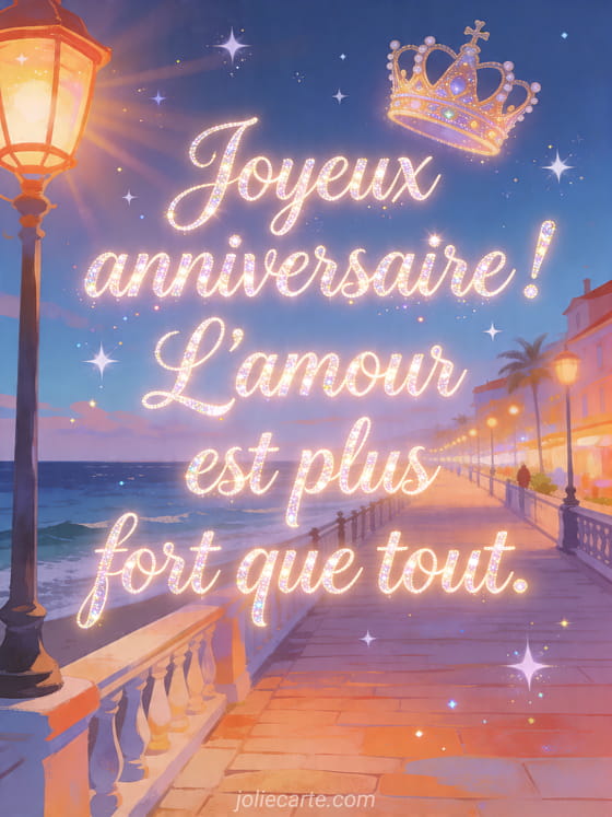 Visuel romantique d'anniversaire avec lumière douce, décor de fête et message d'amour.