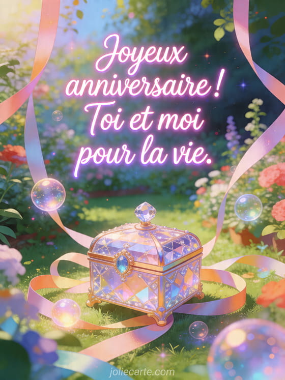 Visuel romantique d'anniversaire avec lumière douce, décor de fête et message d'amour.