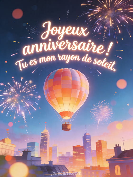 Visuel romantique d'anniversaire avec lumière douce, décor de fête et message d'amour.