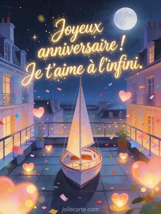 Visuel romantique d'anniversaire avec lumière douce, décor de fête et message d'amour.