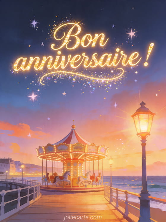 Visuel romantique d'anniversaire avec lumière douce, décor de fête et message d'amour.