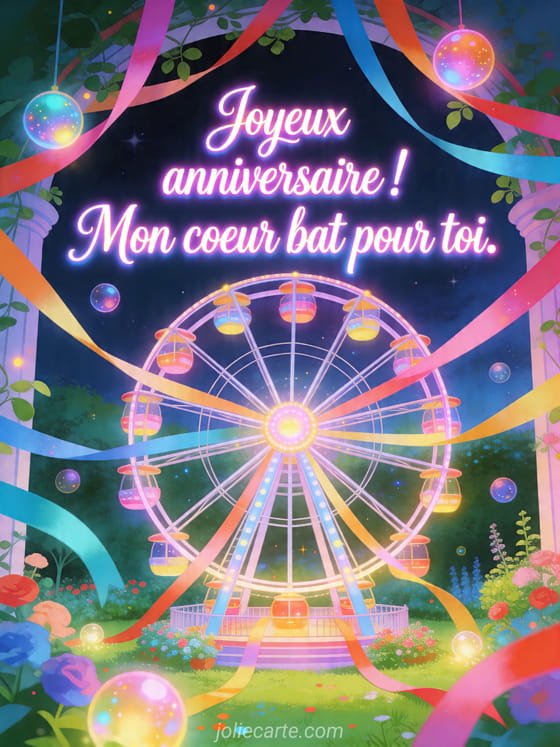 Visuel romantique d'anniversaire avec lumière douce, décor de fête et message d'amour.