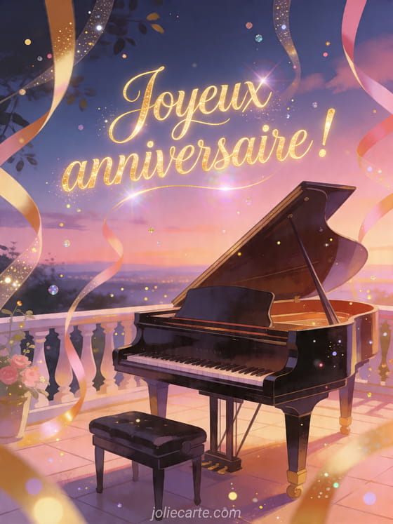 Visuel romantique d'anniversaire avec lumière douce, décor de fête et message d'amour.