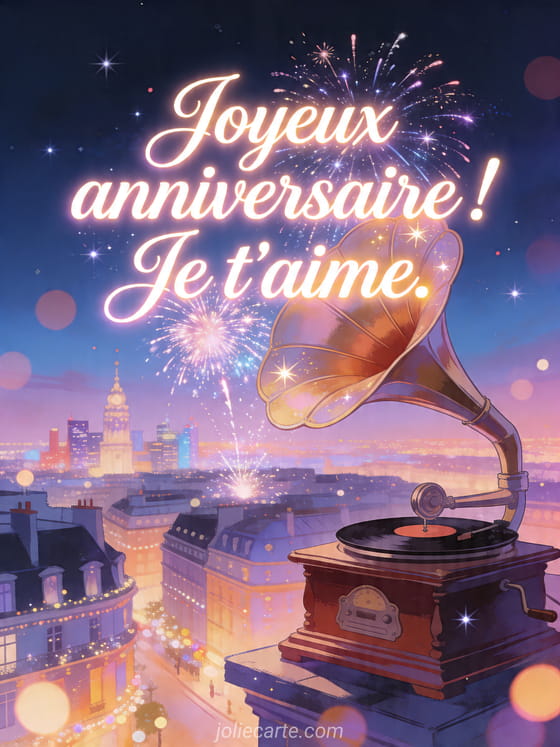 Visuel romantique d'anniversaire avec lumière douce, décor de fête et message d'amour.