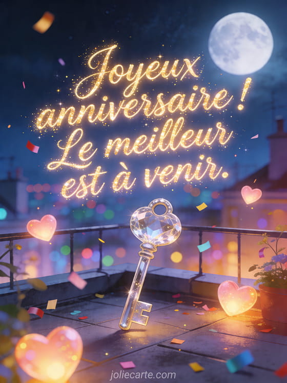 Visuel romantique d'anniversaire avec lumière douce, décor de fête et message d'amour.