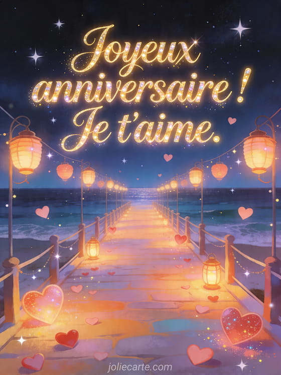 Visuel romantique d'anniversaire avec lumière douce, décor de fête et message d'amour.