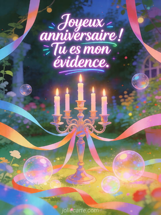 Visuel romantique d'anniversaire avec lumière douce, décor de fête et message d'amour.
